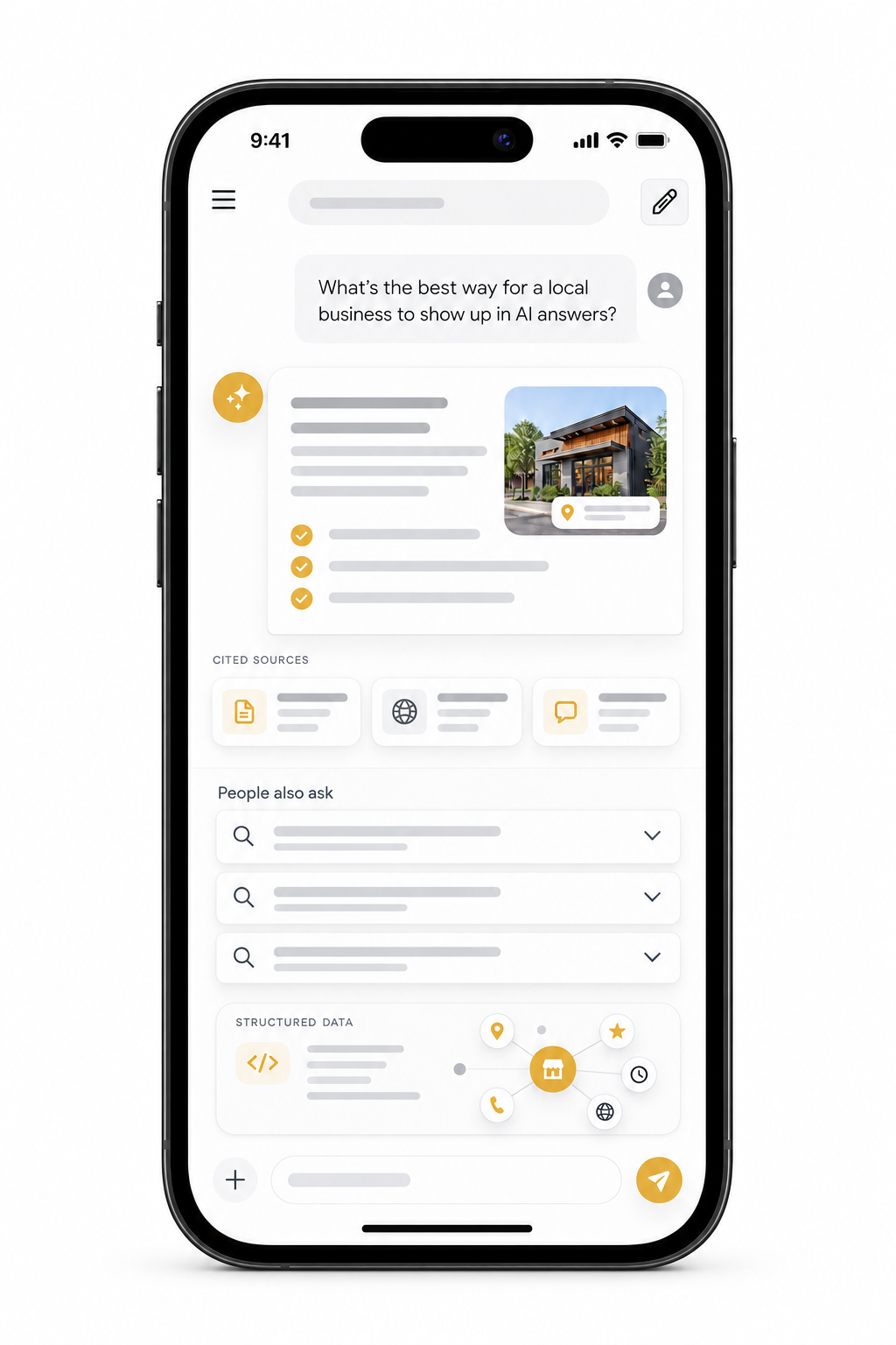 Mobile answer interface with structured responses, source cards, and related questions