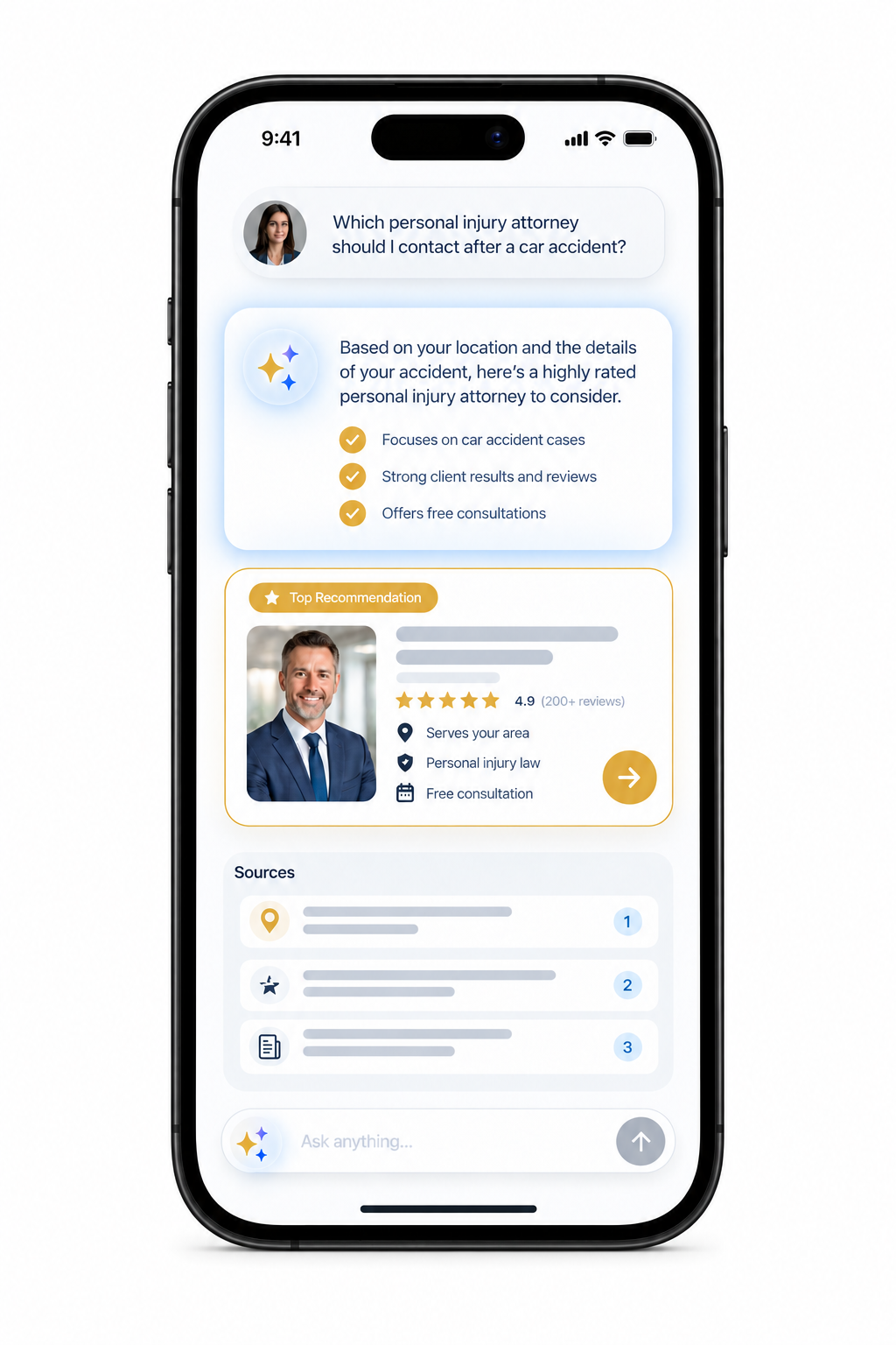 Mobile AI search interface showing an attorney recommendation and cited sources