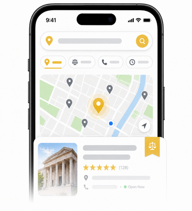 Mobile local search interface with map pins and a highlighted legal listing