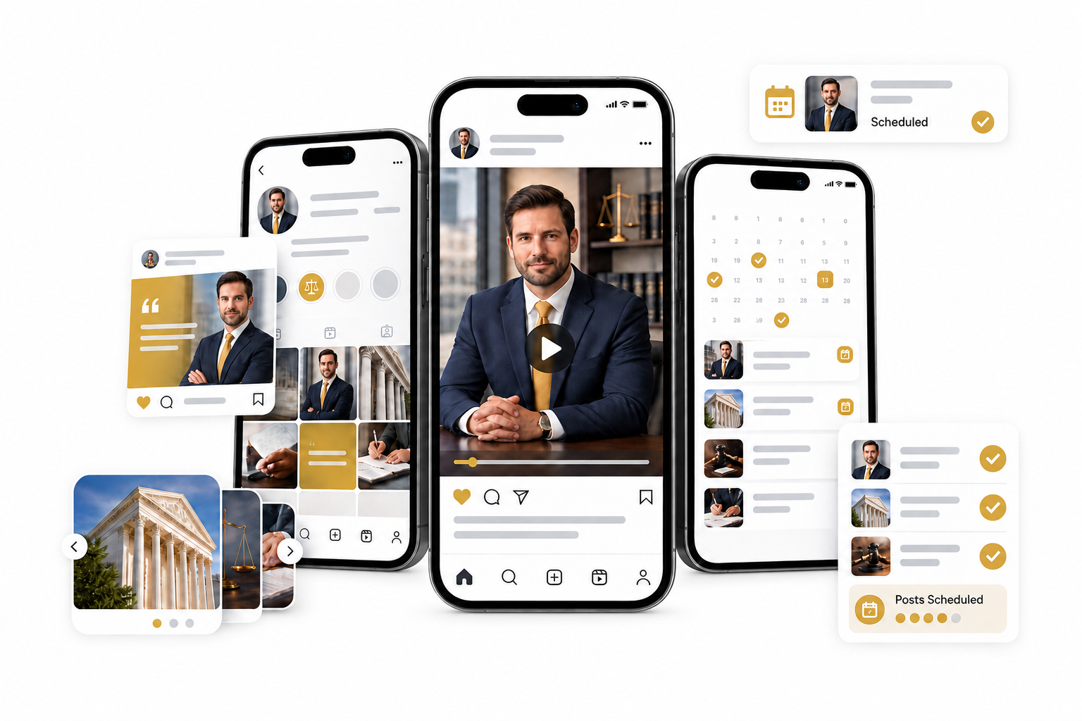 Coordinated social posting system shown across several mobile devices