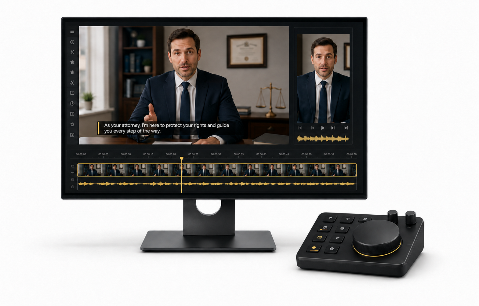 Professional attorney video displayed inside a modern editing interface